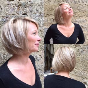 balayage effet californien effectué sur Virginie rehausser d'une patine blond polaire