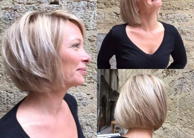 balayage effet californien effectué sur Virginie rehausser d'une patine blond polaire